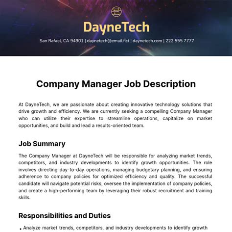 Free Company Manager Job Description Template - Edit Online & Download ...