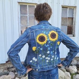 Hand Painted Sunflower Denim Jacket Autumn Fall Painted Flower Jean