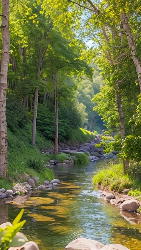 A River Running Through A Lush Green Forest Filled With Rocks And Trees