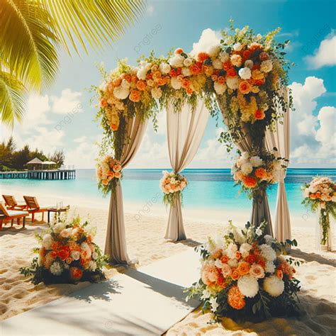 Beautiful Wedding Arch Decorated With Flower At Tropical Beach