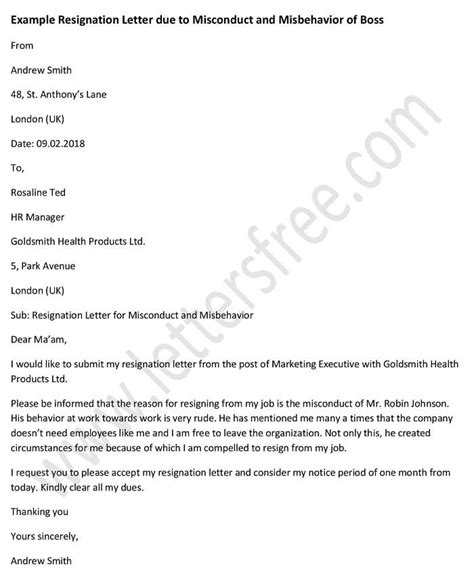 Resignation Letter Due To Bad Boss - Sample Resignation Letter