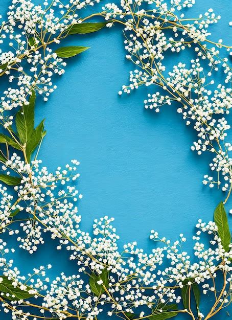 Un Fondo Azul Con Flores Blancas Y Hojas Verdes Foto Premium