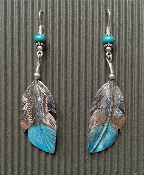 Unique Striking Sterling Silver Turquoise Feather Earrings With