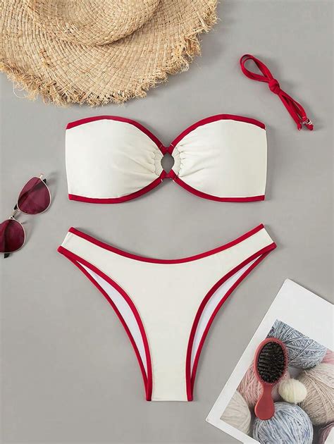 Swim Mod Women Sweet Girl Pink Color Block Hem Bandeau Bikini Swimwear