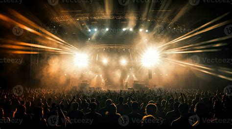 Silhouette of concert crowd in front of bright stage lights. Dark ...