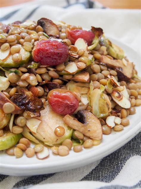 Vegan lentil salad with roasted Brussels sprouts - Caroline's Cooking