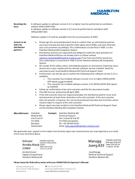 Fillable Online Medical Device Field Safety Notice For HAMILTON C6