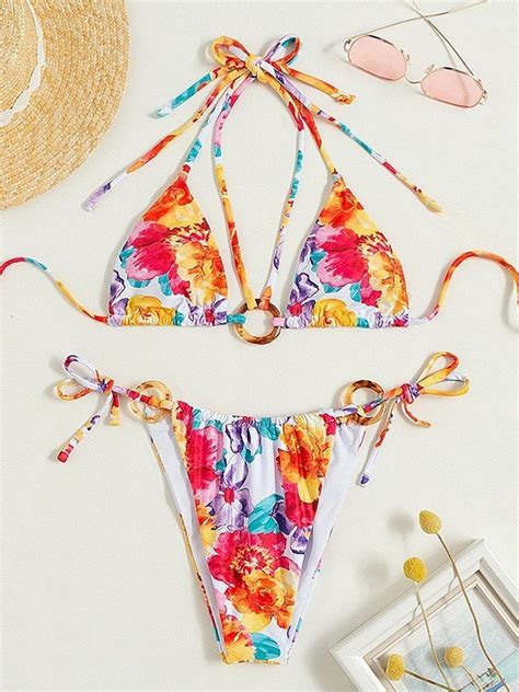 Emmiol Free Shipping O Ring Floral Bikini Set Red M In Bikini Sets