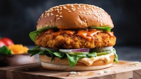 Premium AI Image Rispy Cheesy Chicken Patty Burger