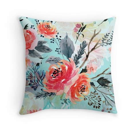 Evening Floral Garden In Light Turquoise Turquoise Throw Pillows Throw Pillows Light Turquoise