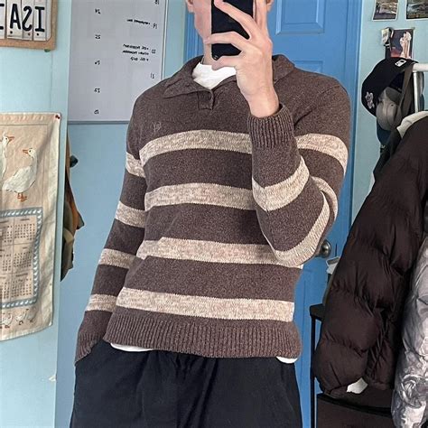 Brown Striped Grandpa Sweater Chaps M Dope Depop