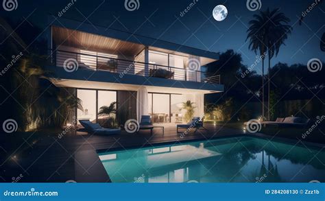 Modern Luxury House with a Swimming Pool at Night, Neural Network Generated Image Stock ...