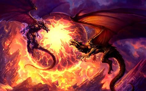 Download Two Dragons Fighting In Front Of A Fire Wallpaper