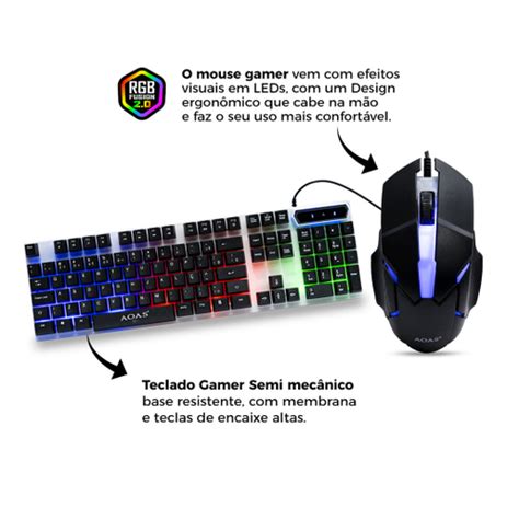 Kit Gamer Teclado Semi Mec Nico E Mouse Dpi Rgb Rainbow Usb Em