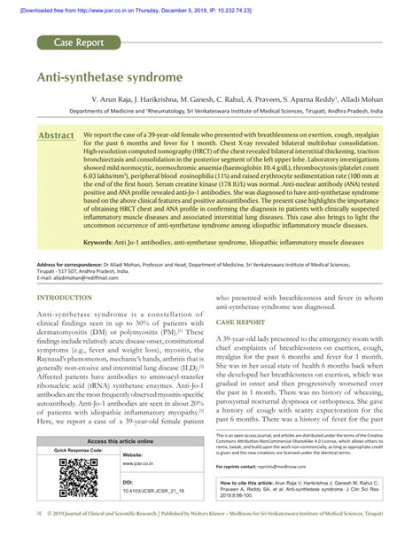 Pdf Anti Synthetase Syndrome