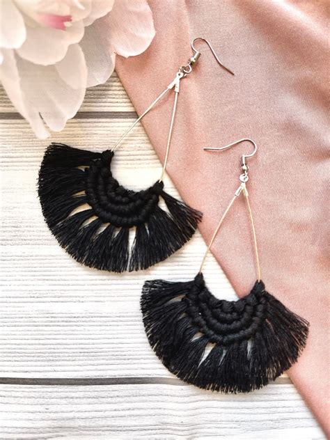 Bohemian Style Teardrop Earrings W Fan Macrame Gold Silver