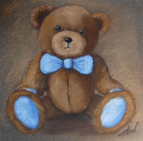 Tableau Nounours Au Pastel Avec Noeud Bleu Art D Ours Peintures