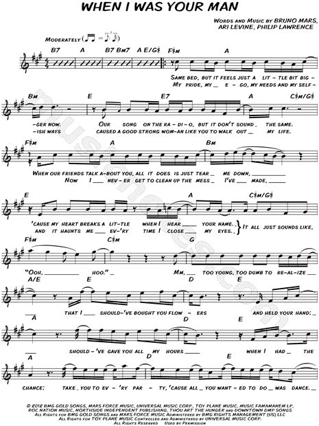 Bruno Mars When I Was Your Man Sheet Music Leadsheet In F Minor