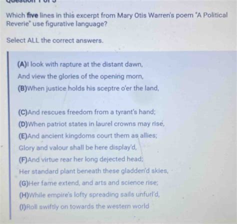 Solved Which Five Lines In This Excerpt From Mary Otis Warren S Poem