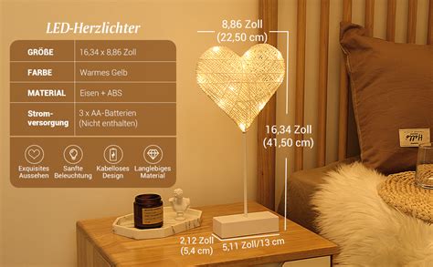 Lewondr Tischlampe Herzform LED Nachttischlampe Batteriebetrieb