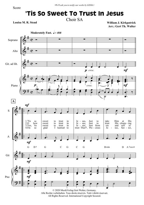 Tis So Sweet To Trust In Jesus By William J Kirkpatrick Sa Digital Sheet Music Sheet