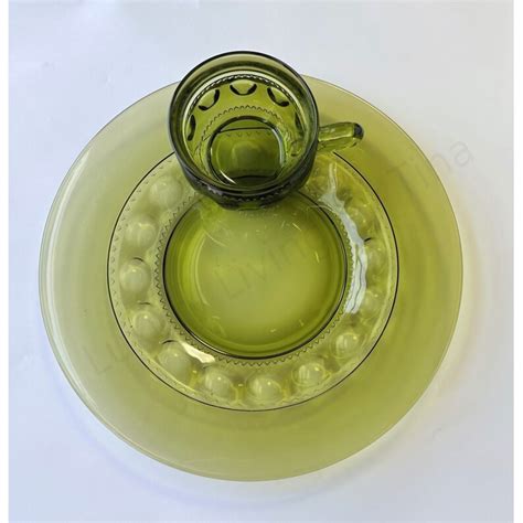 Indiana Glass Co Kings Crown Thumbprint Avocado Green Plate And Cup Set