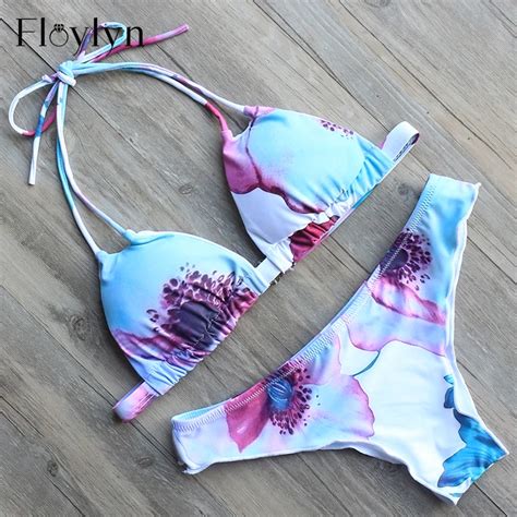 Floylyn Sexy Floral Print Swimwear 2017 Women Triangle Padded Push Up