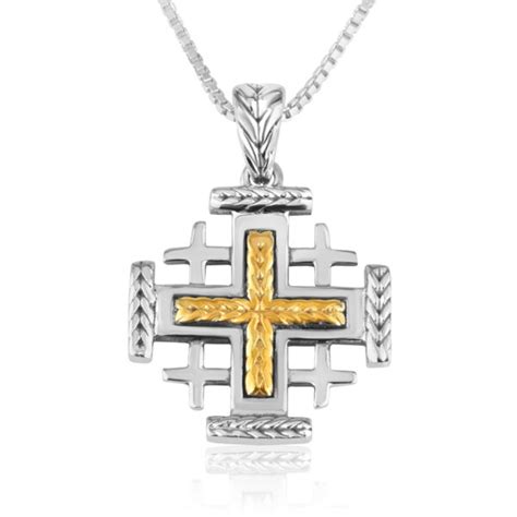 Sterling Silver Jerusalem Cross Necklace With Gold Plated Center