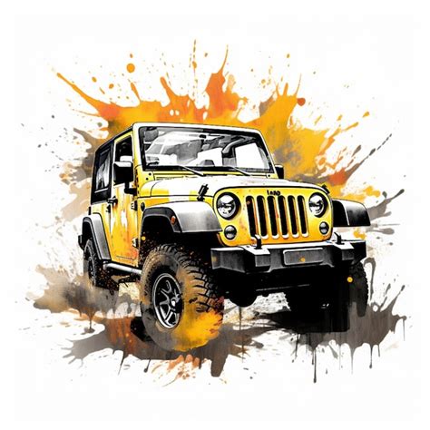 Premium Ai Image Yellow Jeep With Orange Splashs On It On A White