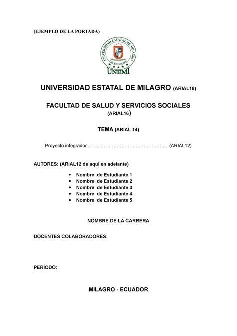 Formato De Informe De Proyecto Integrador EJEMPLO DE LA PORTADA