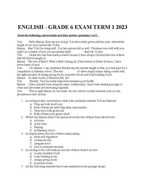 English Grade 6 Good Notes English Grade 6 Exam Term 1 2023 Read