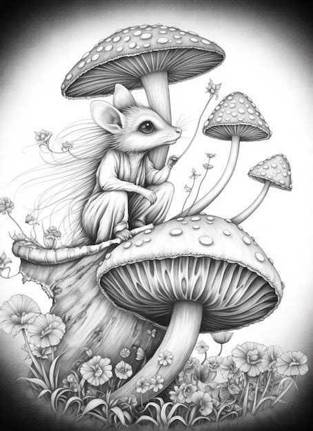 Premium Photo | A drawing of a mouse sitting on a mushroom with flowers ...