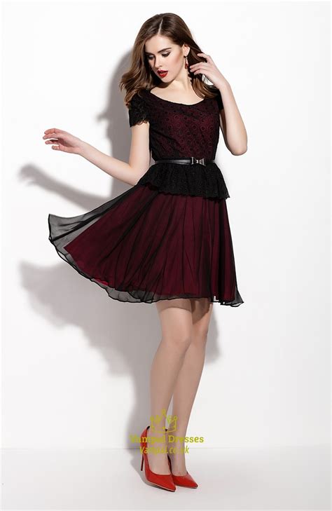 Black Cap Sleeve Sheer Overlay Cocktail Dress With Belt Vampal Dresses