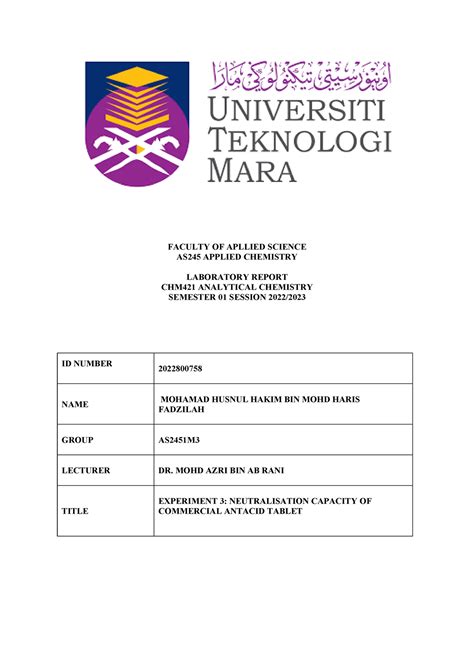 Lab Report Exp 3 CHM421 Analytical Chemistry FACULTY OF APLLIED