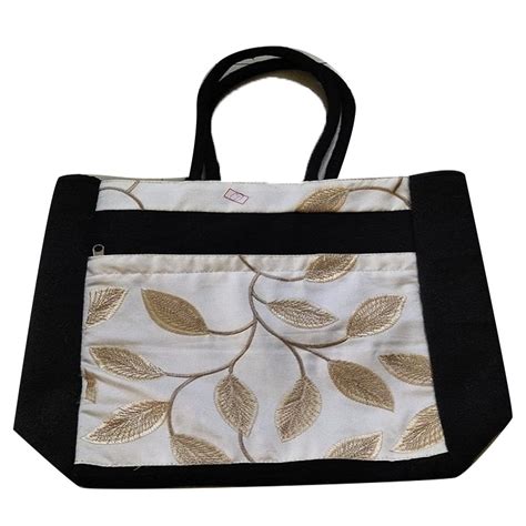 Webbed Handle Black Golden And White Printed Jute Bag Size Dimension