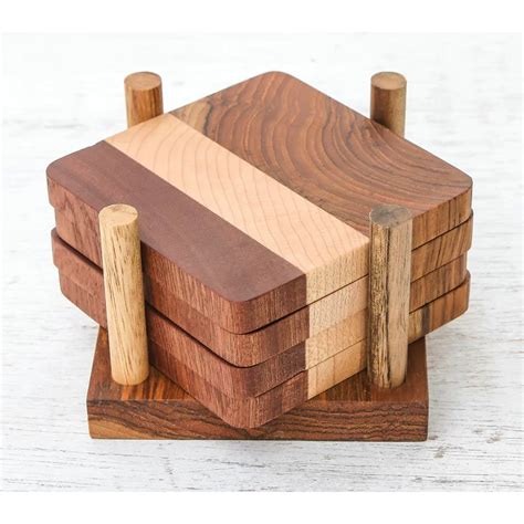 Geometric Wood Square Piece Coaster Set With Holder Artofit