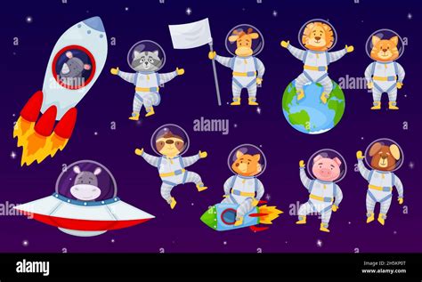 Cartoon Niedliche Astronaut Tiere In Raumanz Ge Fliegen Im Raum