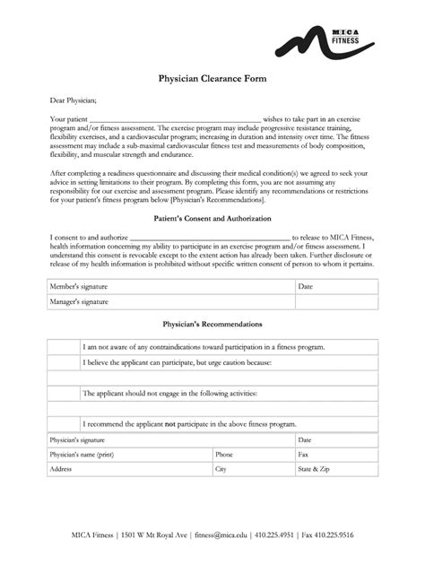 Fillable Online Mica Physician Clearance Form MICA Fax Email Print