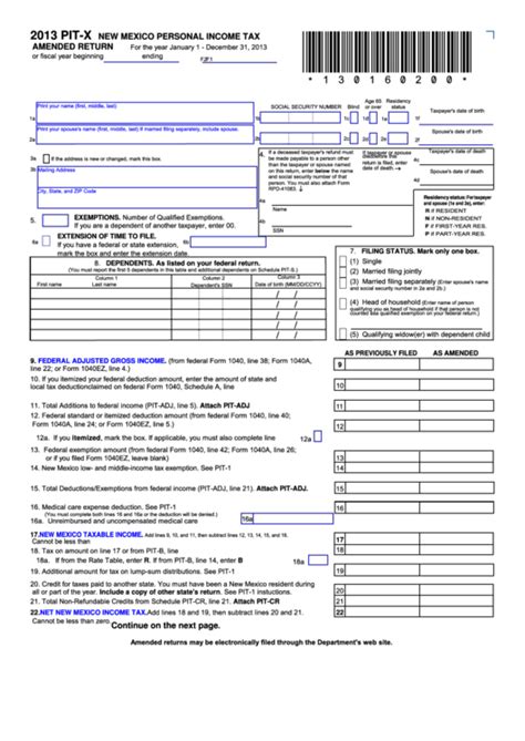 Fillable Form Pit X New Mexico Personal Income Tax Amended Return