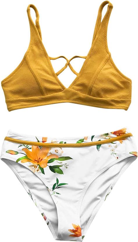 Amazon Yellow Floral Print Bikini Sets Women Cross Triangle Two