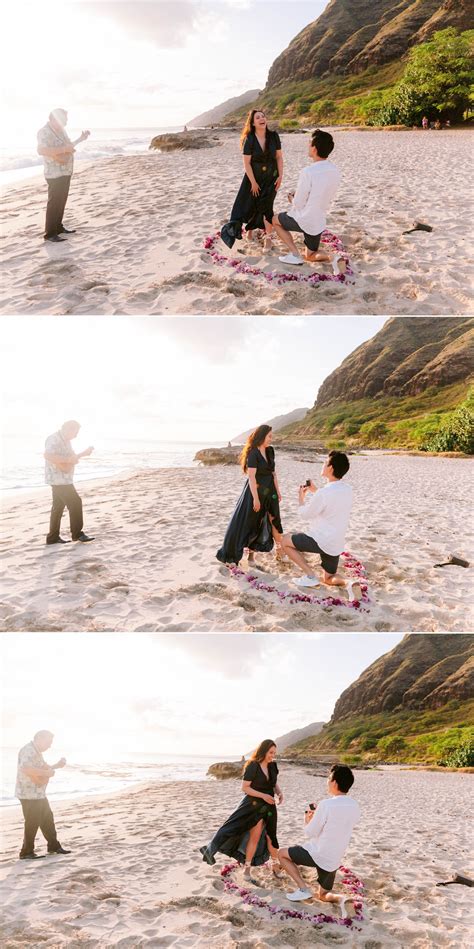 Sunset Proposal At Makua Beach With Ukulele Player Oahu Engagement