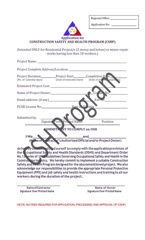 Simplified Cshp Application Form Application For Construction Safety