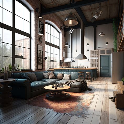 Premium Photo Industrial Style Living Room Loft Generative Ai