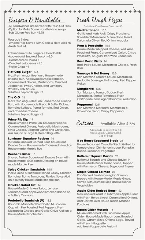 Distillery Eatery Food Menus Luminary Distilling LLC