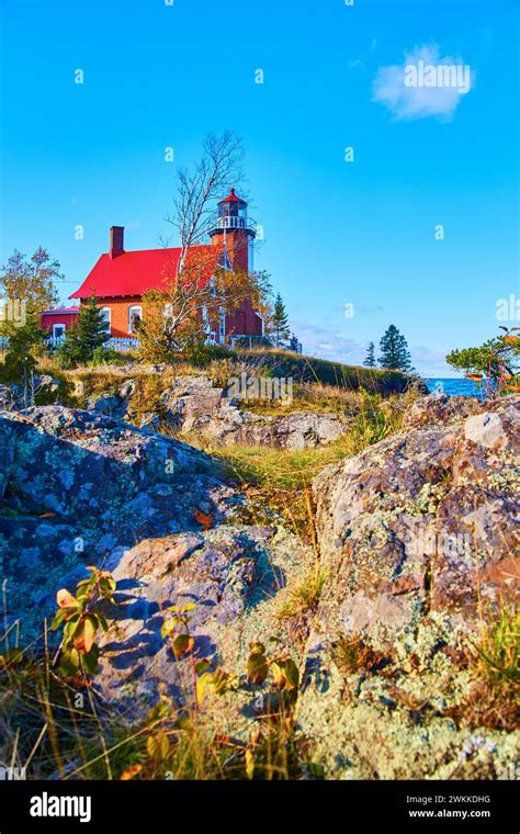 Eagle Harbor Lighthouse On Rocky Cliff Lake Superior Upward View