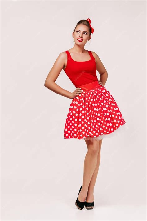 Premium Photo Smiling Pin Up Woman In Polka Dot Red Dress