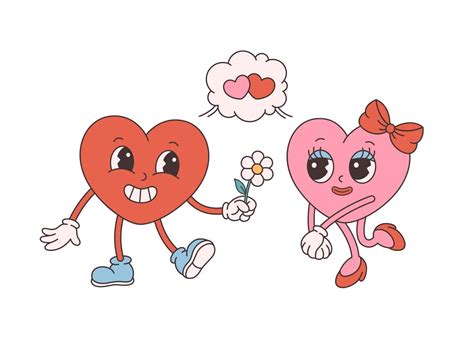 Trendy retro cartoon heart characters. Groovy style, vintage, 70s 60s ...