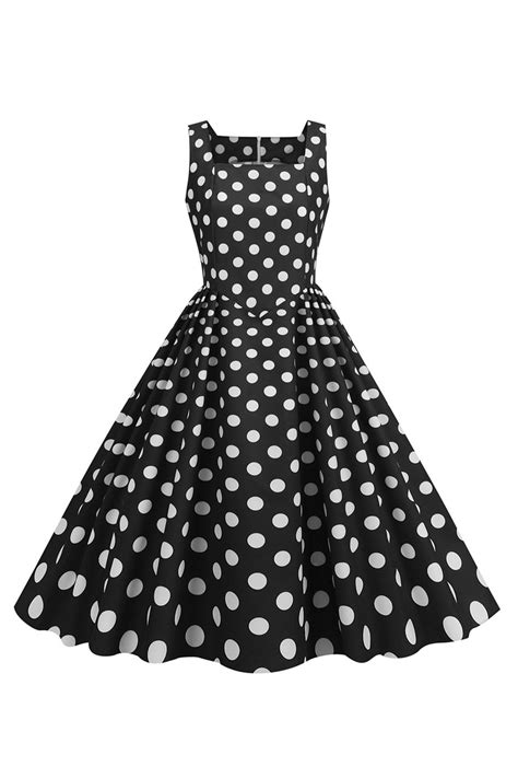 Zapaka Women Vintage Dress A Line Black Polka Dots 1950s Dress With