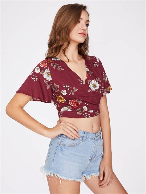 Flower Print Surplice Wrap Crop Top SheIn Sheinside