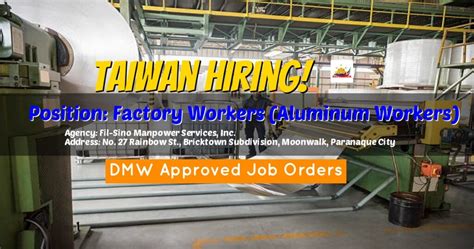 Dmw Approved Job Orders For Factory Workers Aluminum Workers Under